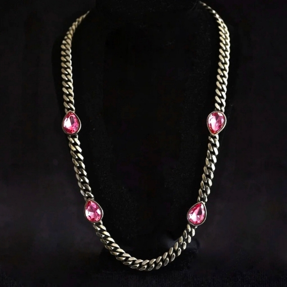 Ornate Metal Necklace With Vauxhall Pink Stones Vintage Costume Jewelry - Picture 1 of 8